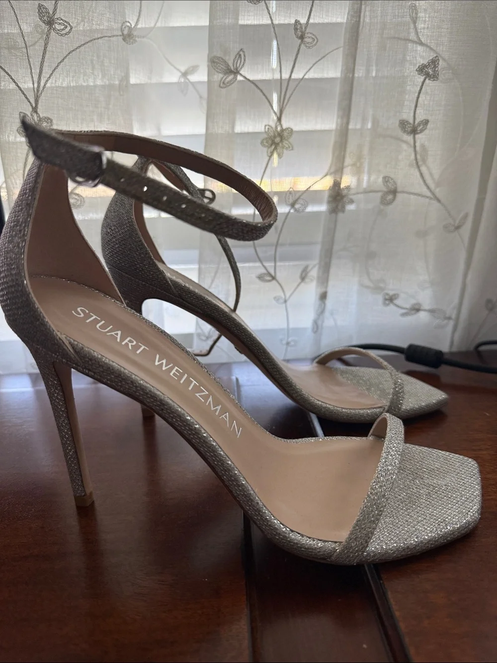 Stuart Weitzman Silver Glitter Ankle-Strap High Heels